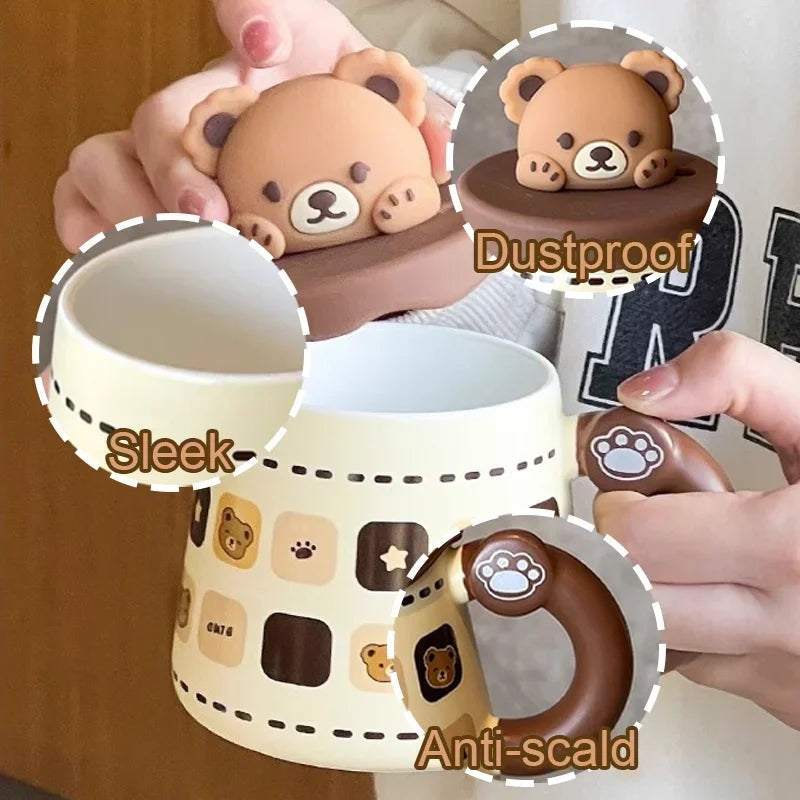 3D bear mug with lid and glass straw