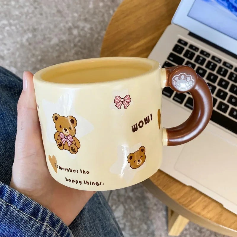 3D bear mug with lid and glass straw