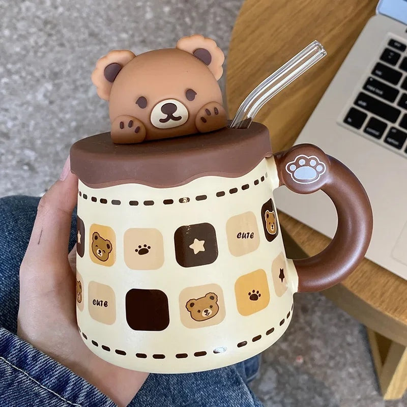 3D bear mug with lid and glass straw