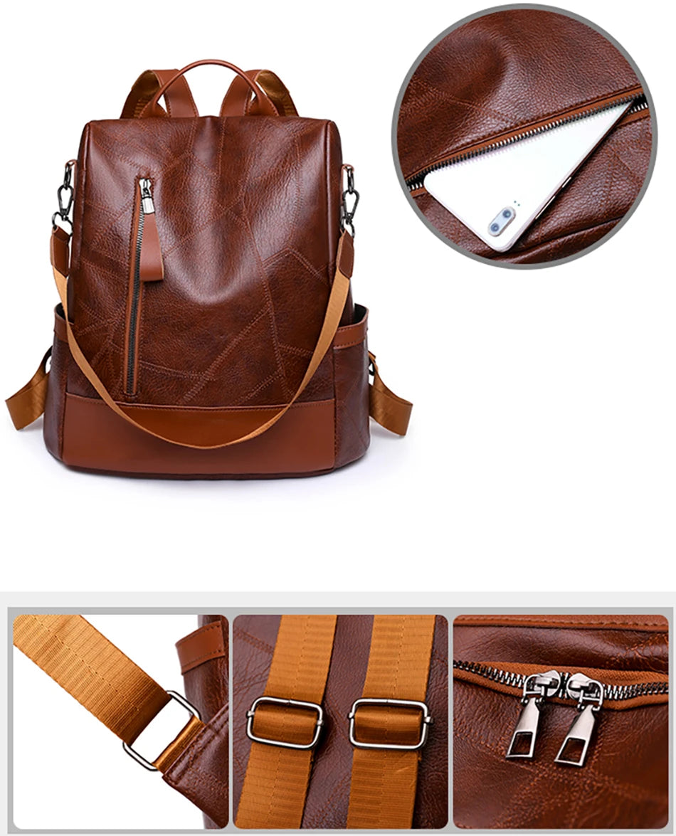 Anti-Theft Backpack Women Daypack Shoulder Bag Ladies Rucksack Waterproof PU Leather