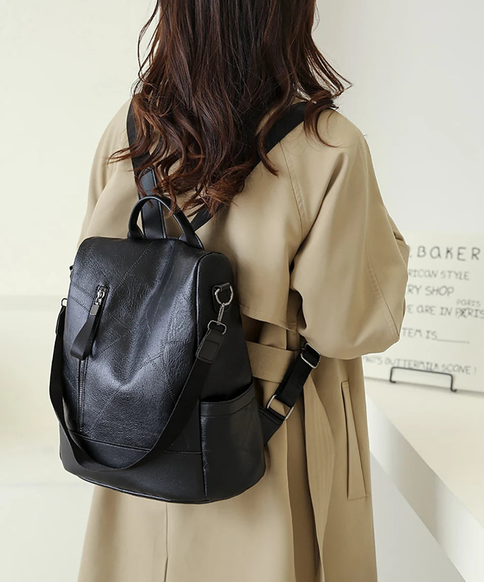 Anti-Theft Backpack Women Daypack Shoulder Bag Ladies Rucksack Waterproof PU Leather