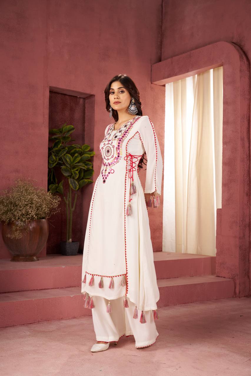 Festive Ethnic Co-ord White Mirror Work Tassel Kurti Set Outfit