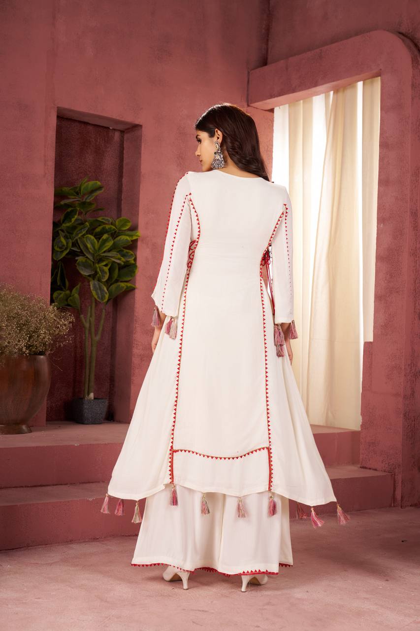 Festive Ethnic Co-ord White Mirror Work Tassel Kurti Set Outfit