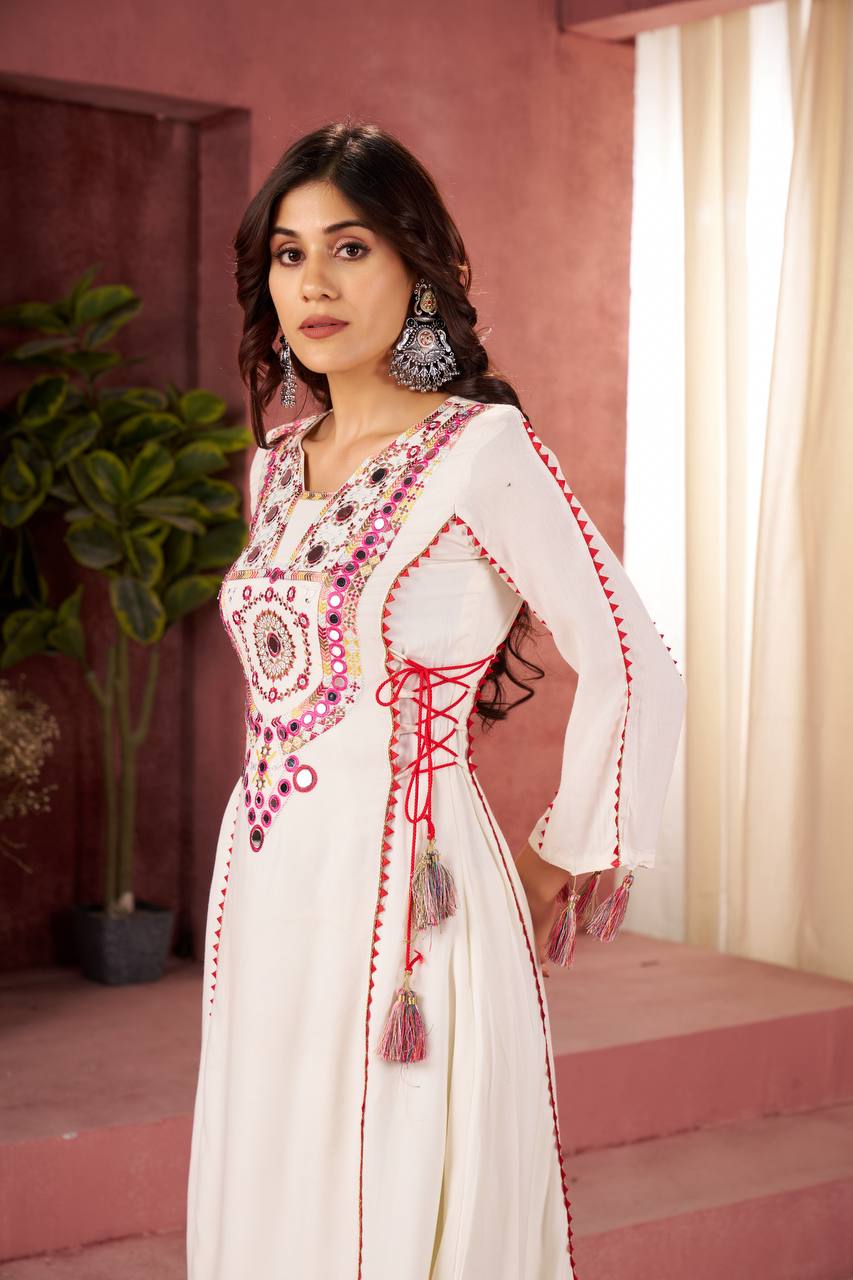 Festive Ethnic Co-ord White Mirror Work Tassel Kurti Set Outfit
