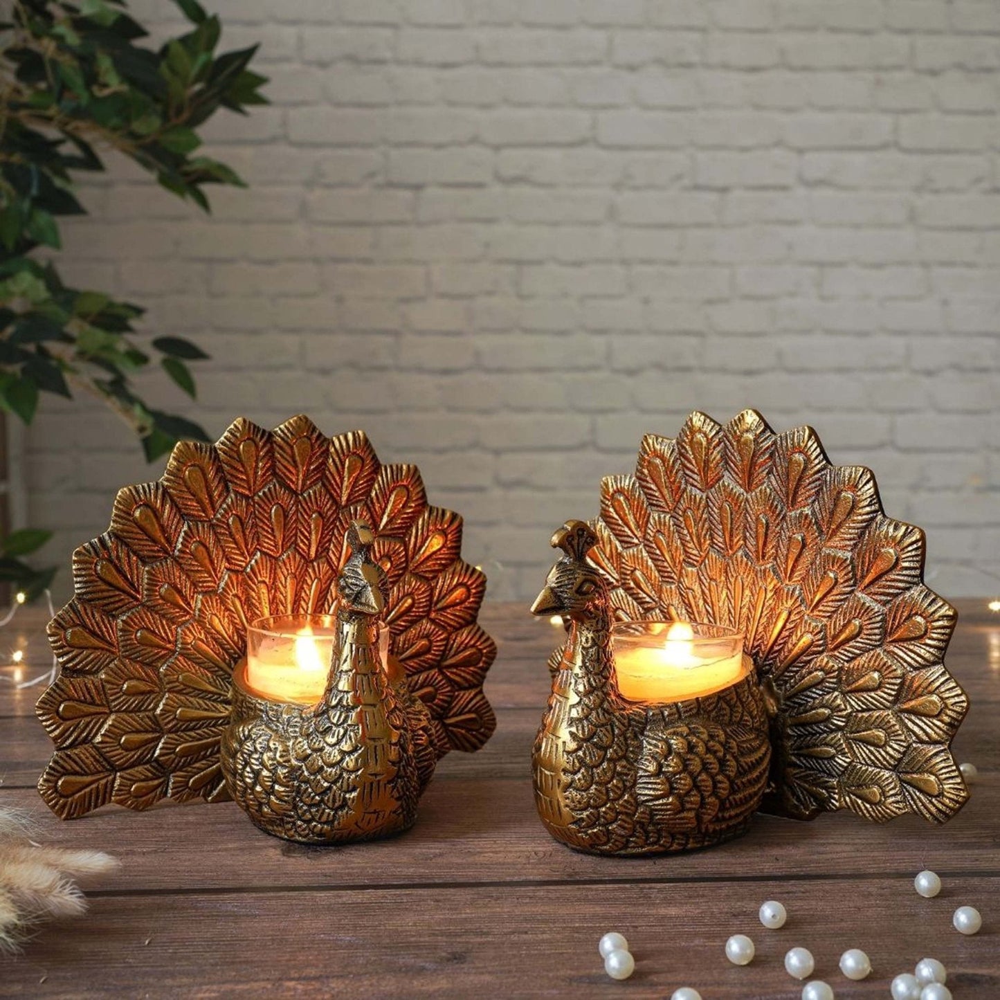 Metal Peacock Candle Holder Set