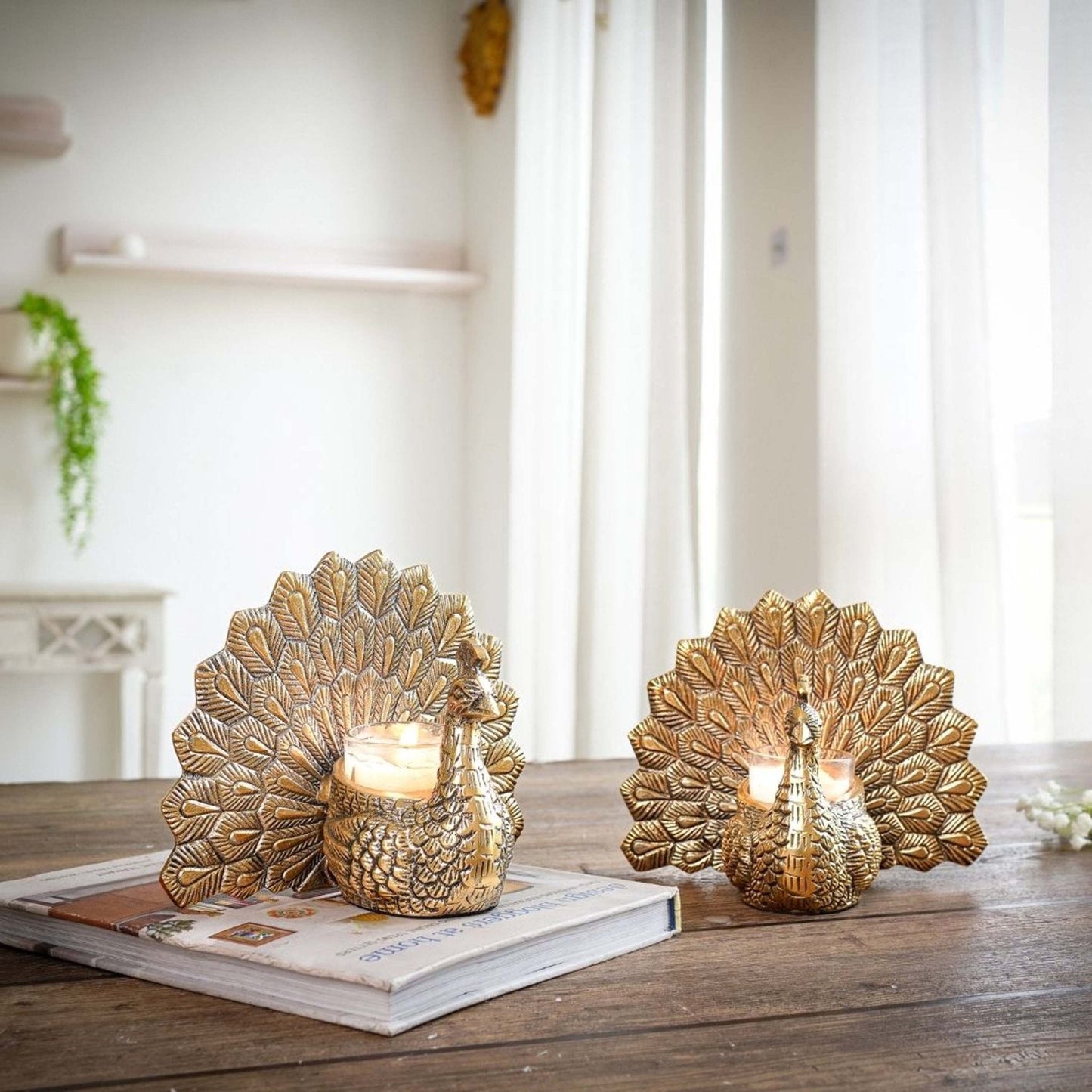 Metal Peacock Candle Holder Set