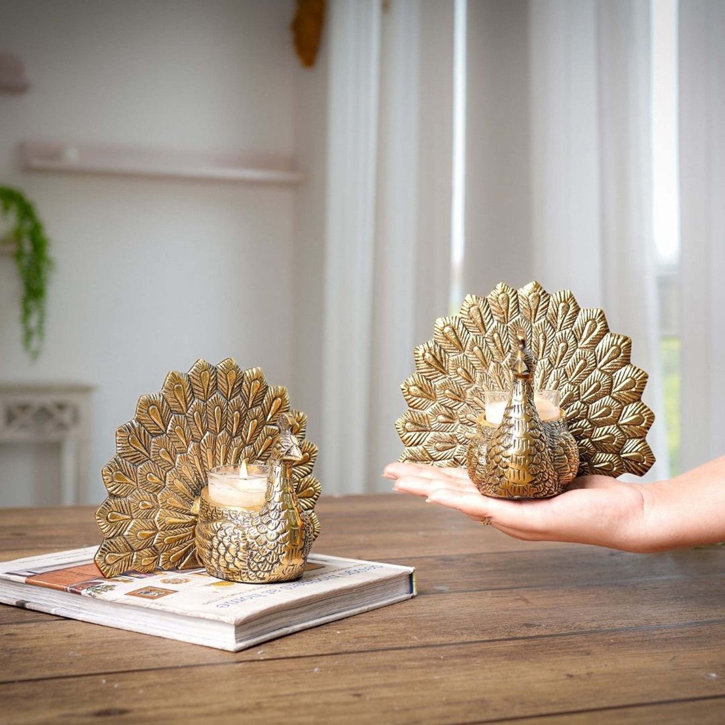 Metal Peacock Candle Holder Set