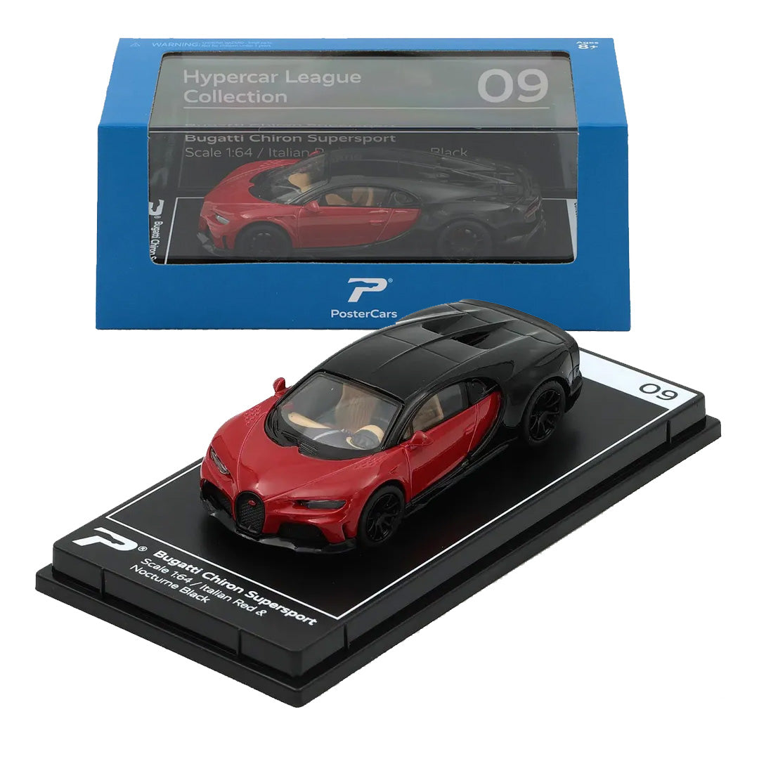 PosterCars 1:64 H09 – Bugatti Chiron Supersport Italian Red & Nocturne Black with Acrylic Box |
