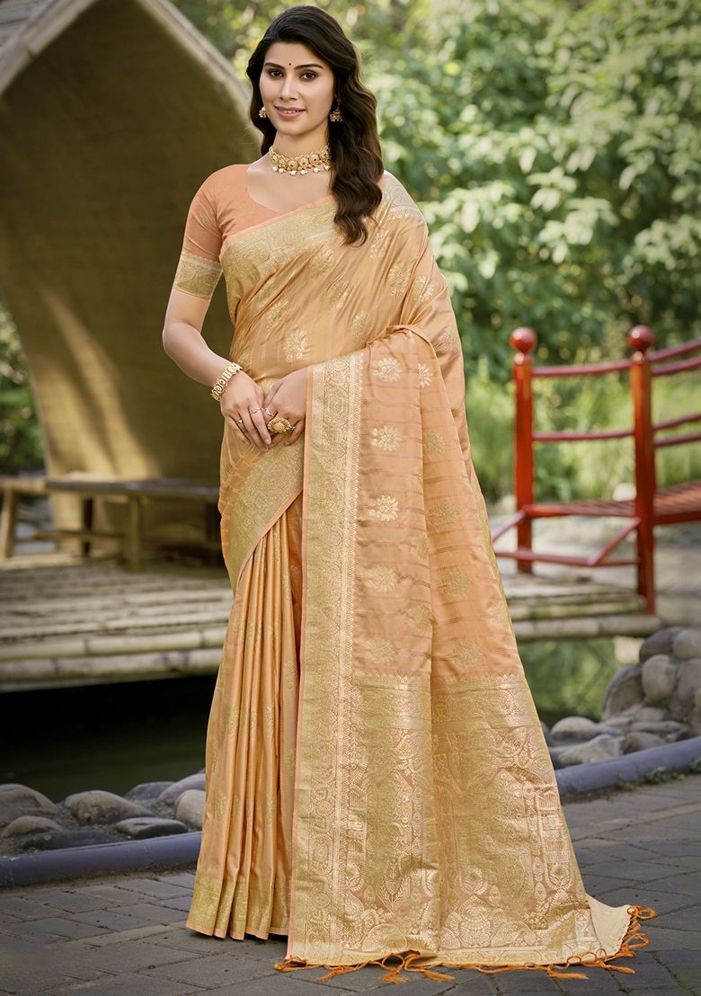 Sangam Prints Peach Silk Woven Work Festival Saree