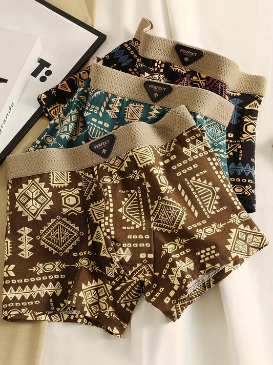 3pcs Men's Retro Geometric Print Boxer Briefs