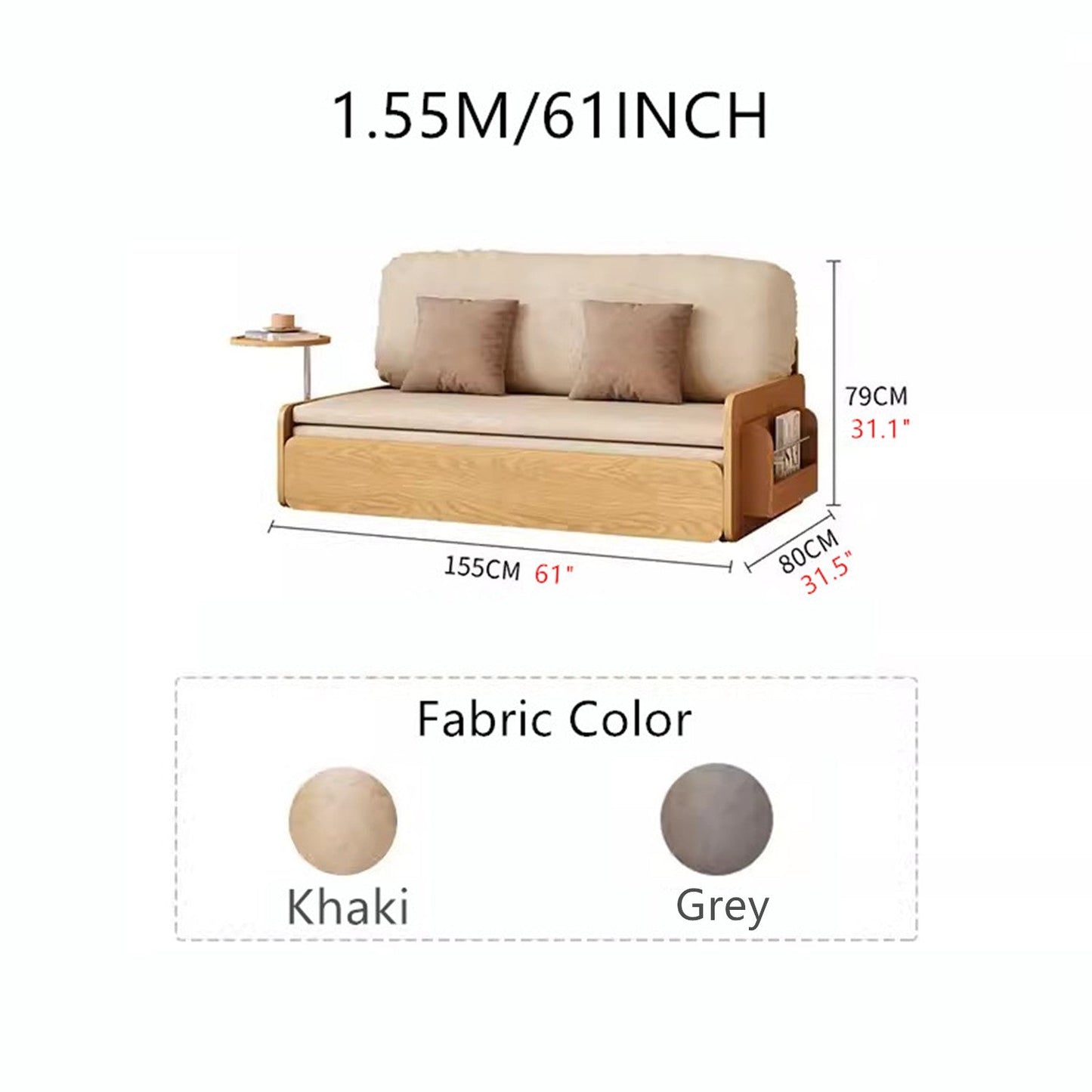 Japandi  Log Style Pull Out Sofa Bed with Rotating Armrest Tray and Storage