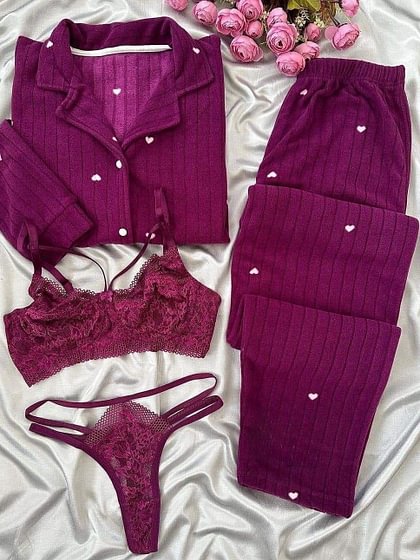 Bold Purple Night Suit & Bra Penty Set Combo