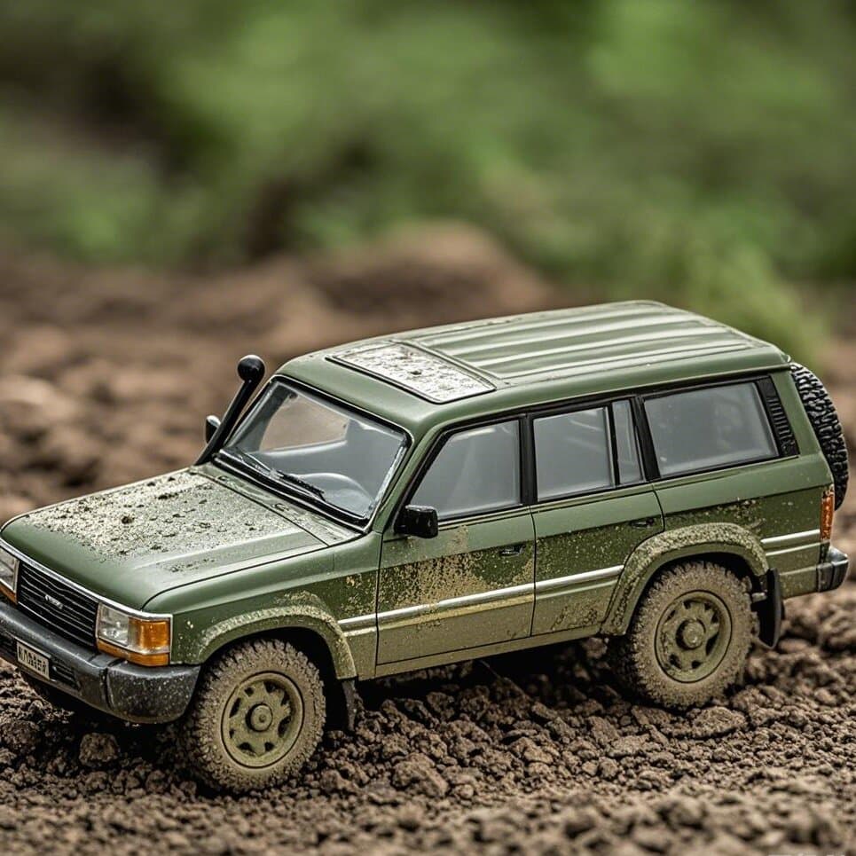 1:64 1994 Toyota Land Cruiser LC80 Die-Cast Car - Military Green Muddy Edition