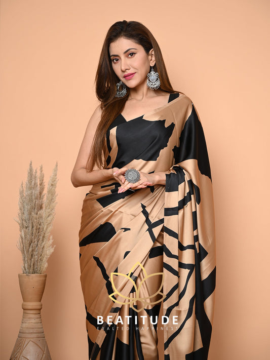 Brown Printed Satin Crepe Saree