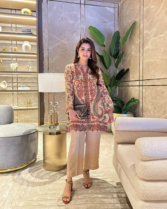 Beige Printed Crepe 2pc Set