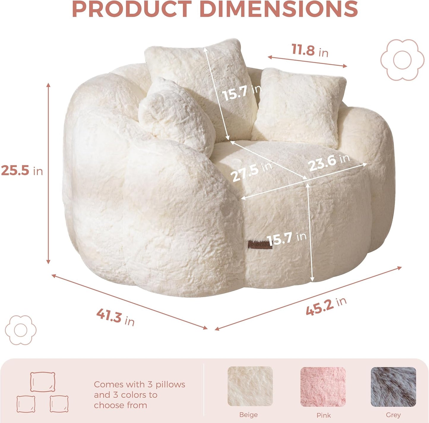 Oversized Plush Bean Bag Chair with Pillows, Cozy Faux Fur Floor Sofa for Adults, Comfy Lounge Seating for Bedroom and Living Room