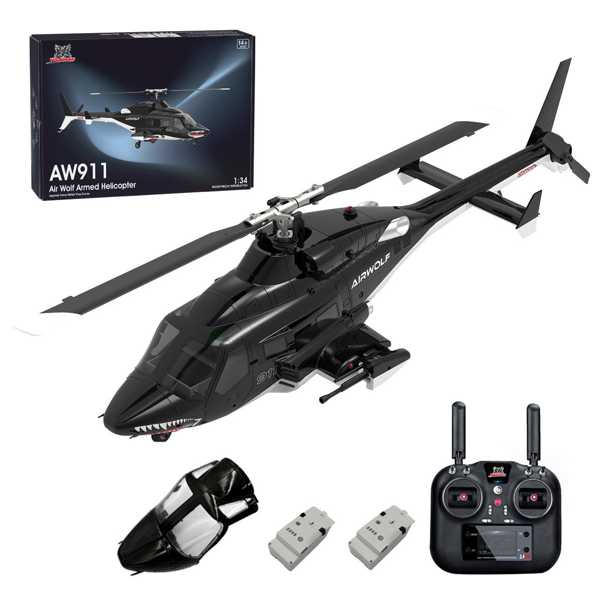 WOLFBUSH AW-911 Airwolf 1/34 Scale 2.4G 9CH Flybarless RC Helicopter Model with 6G/3D Stunt Mode and GPS Positioning (RTF Version/ Mode 1/Mode 2 Switchable)