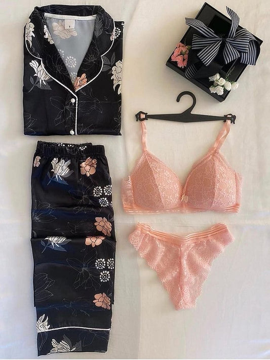 Black Night Suit & Bra Penty Set Combo for Women's