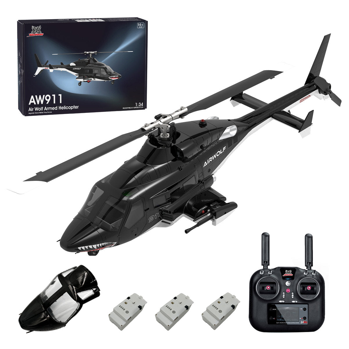WOLFBUSH AW-911 Airwolf 1/34 Scale 2.4G 9CH Flybarless RC Helicopter Model with 6G/3D Stunt Mode and GPS Positioning (RTF Version/ Mode 1/Mode 2 Switchable)