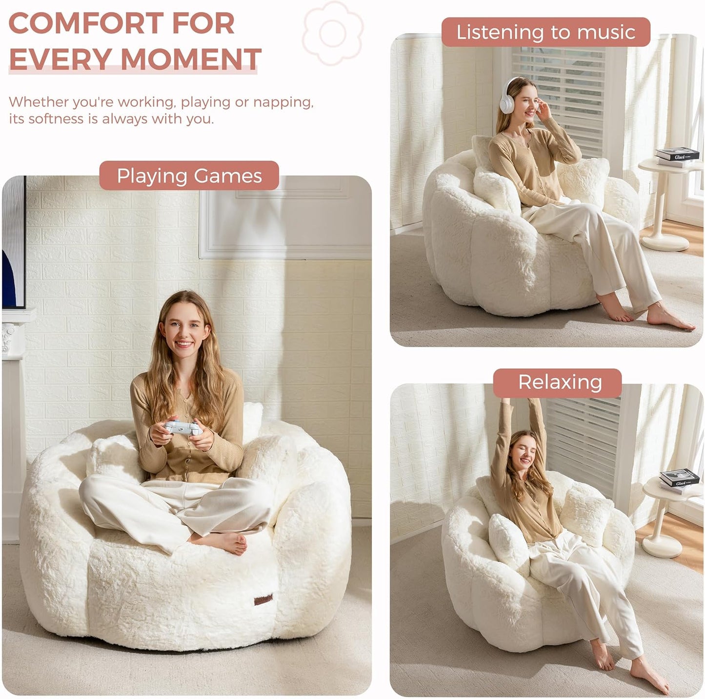 Oversized Plush Bean Bag Chair with Pillows, Cozy Faux Fur Floor Sofa for Adults, Comfy Lounge Seating for Bedroom and Living Room