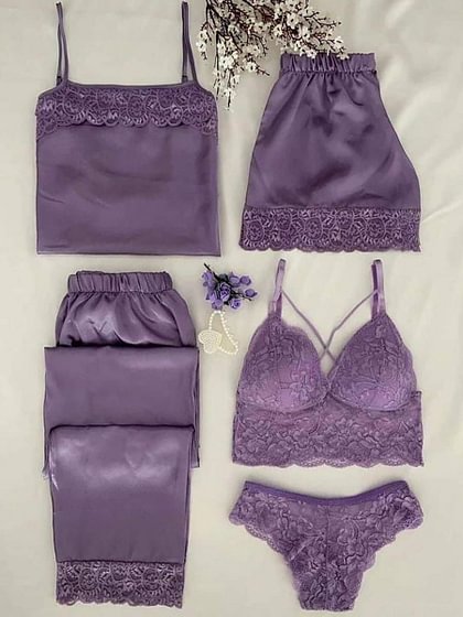 Purple Night Suit & Bra Penty Set Combo for Women's