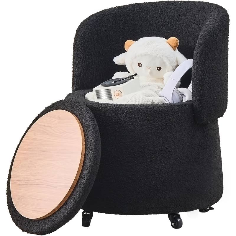 Modern Black Teddy Velvet Storage Ottoman with Backrest – 3.2 Cu Ft Hidden Storage