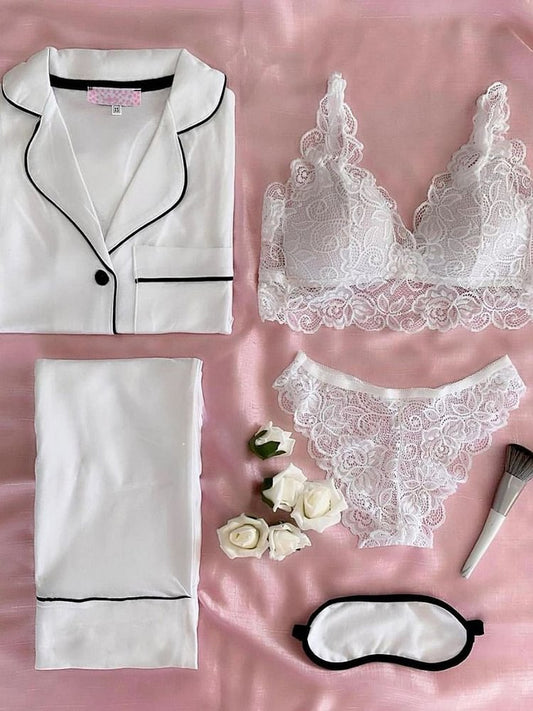 White Bold Care Night Suit & Bra Penty Set Combo for Women's