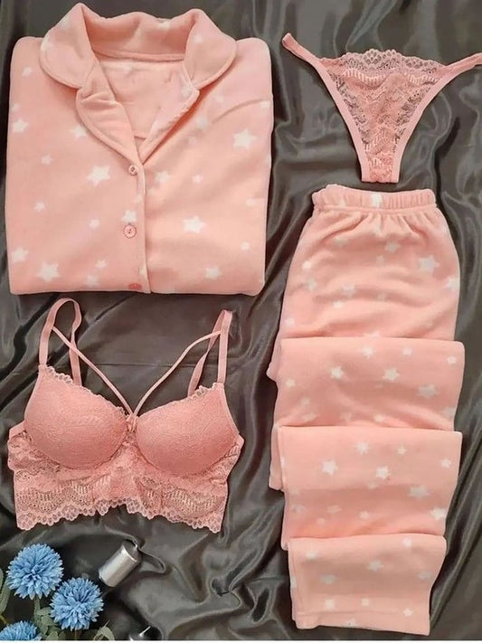 Orange Love Bird Night Suit & Bra Penty Set Combo