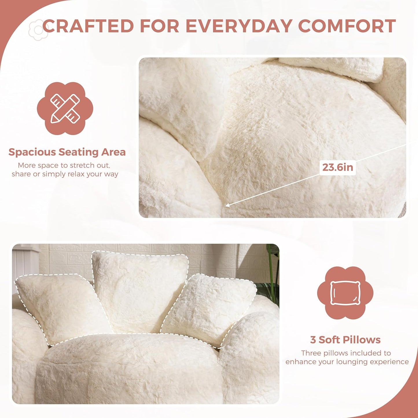 Oversized Plush Bean Bag Chair with Pillows, Cozy Faux Fur Floor Sofa for Adults, Comfy Lounge Seating for Bedroom and Living Room