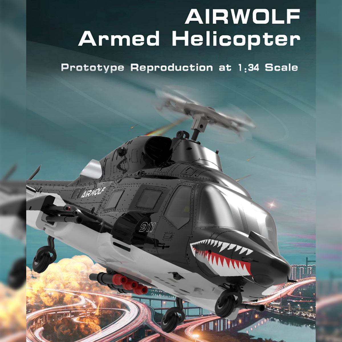 WOLFBUSH AW-911 Airwolf 1/34 Scale 2.4G 9CH Flybarless RC Helicopter Model with 6G/3D Stunt Mode and GPS Positioning (RTF Version/ Mode 1/Mode 2 Switchable)