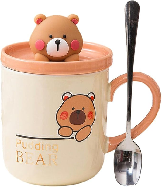 380ml/13oz Small Bear Ceramic Mug With Lid Spoon Home Office Couple Breakfast Coffee Cup-Beige Bear