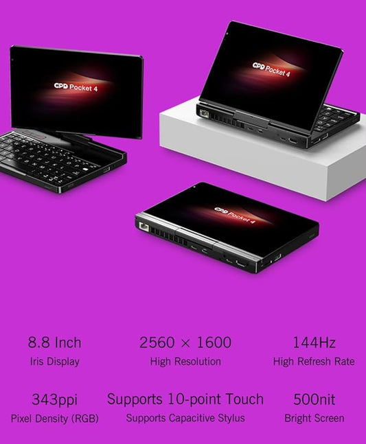 GPD Mini Notebook Pocket 4 with 8.8" Touchscreen, Aluminum Frame, UMPC, Windows 11 Home OS, AMD Ryzen AI 9 HX 370, 32GB/2TB (Amber Black)