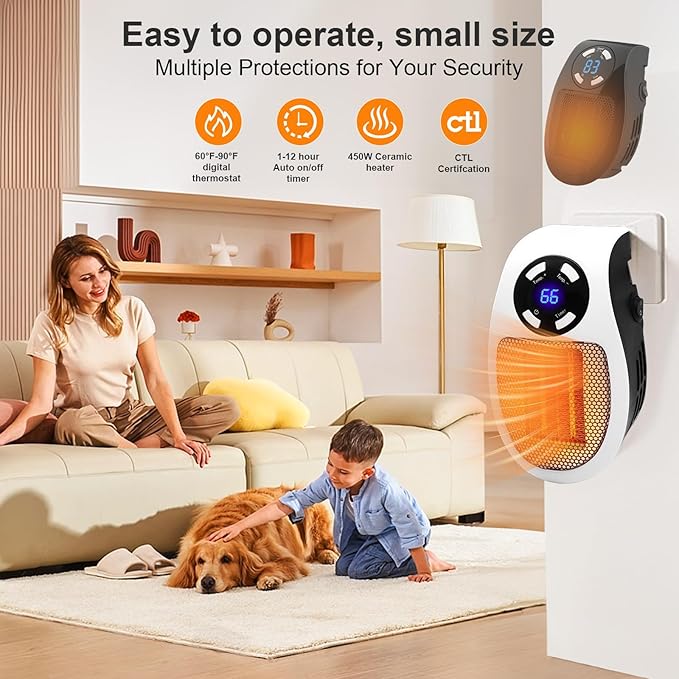450W Mini Space Heater with Temperature Detection, Remote Wall Outlet, Adjustable Thermostat, Timer, and LED Display
