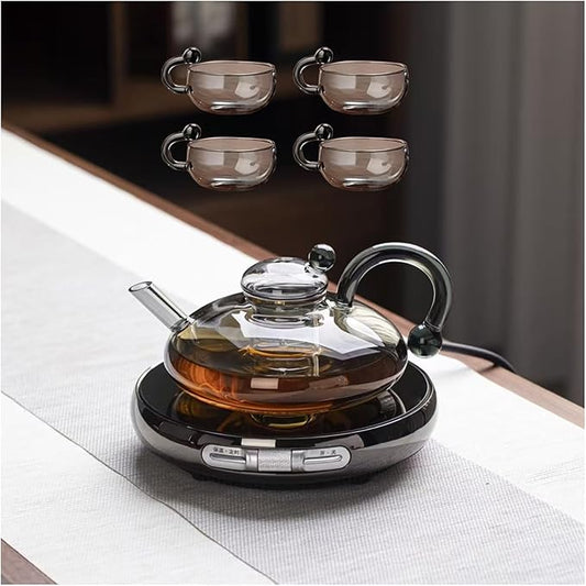 Sereno Filtration Teapot Set with 4 Tea Cups and a Heating Ceramic Stove, Magic Teapot Set, for Loose Tea, Blooming & Loose Leaf
