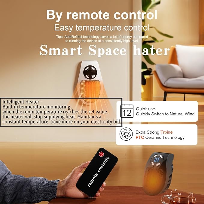 450W Mini Space Heater with Temperature Detection, Remote Wall Outlet, Adjustable Thermostat, Timer, and LED Display