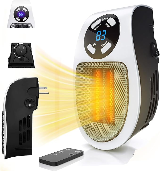 450W Mini Space Heater with Temperature Detection, Remote Wall Outlet, Adjustable Thermostat, Timer, and LED Display