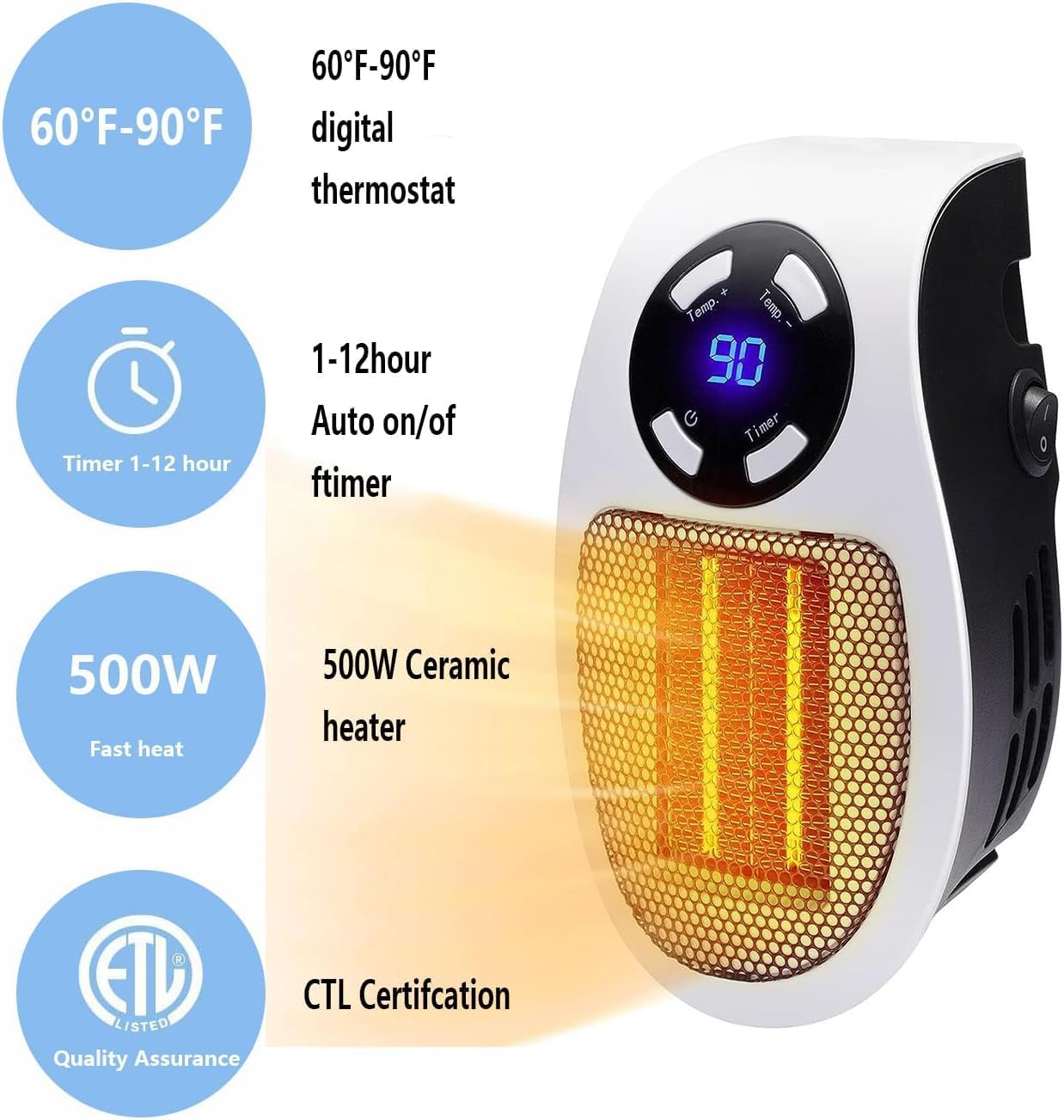 450W Mini Space Heater with Temperature Detection, Remote Wall Outlet, Adjustable Thermostat, Timer, and LED Display