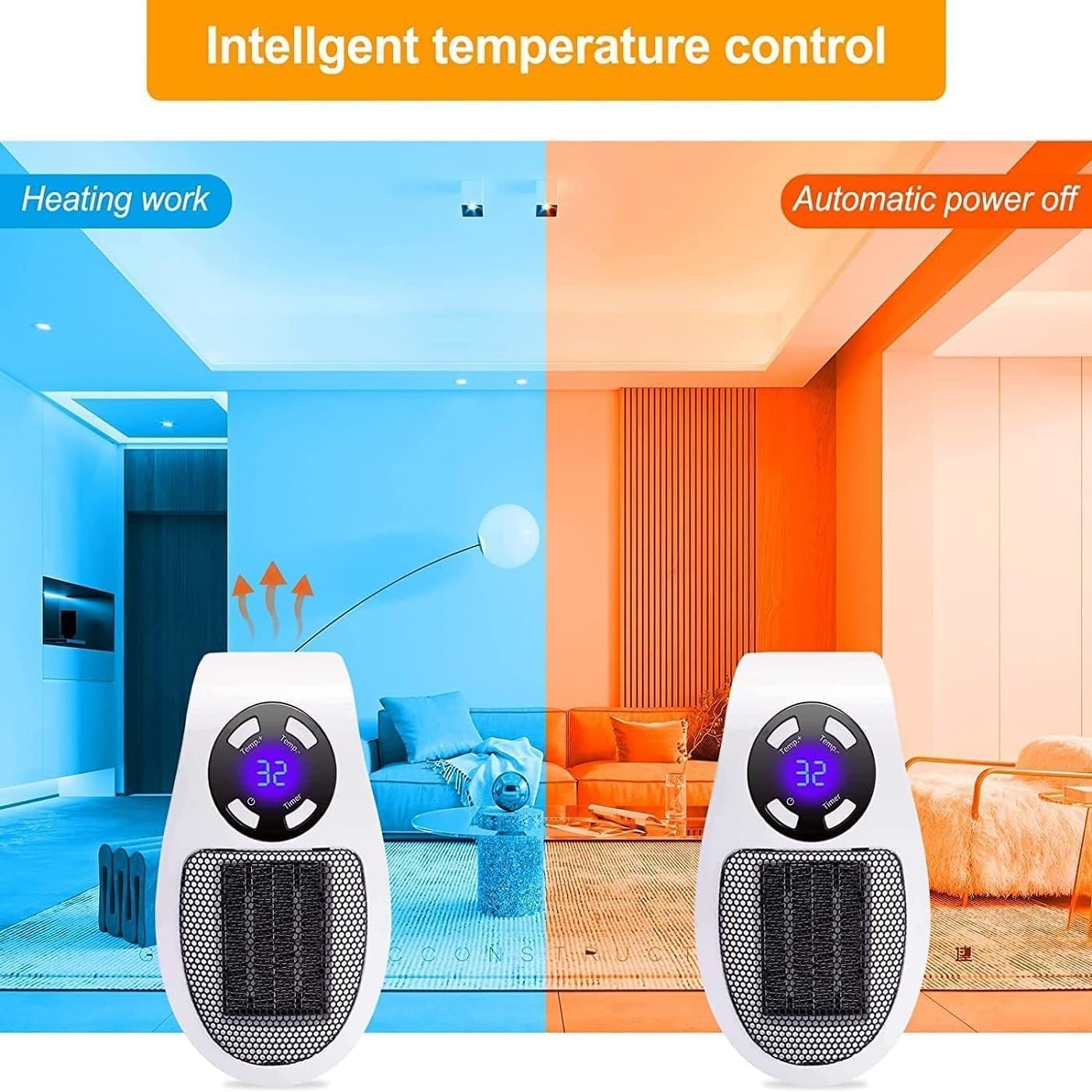 450W Mini Space Heater with Temperature Detection, Remote Wall Outlet, Adjustable Thermostat, Timer, and LED Display