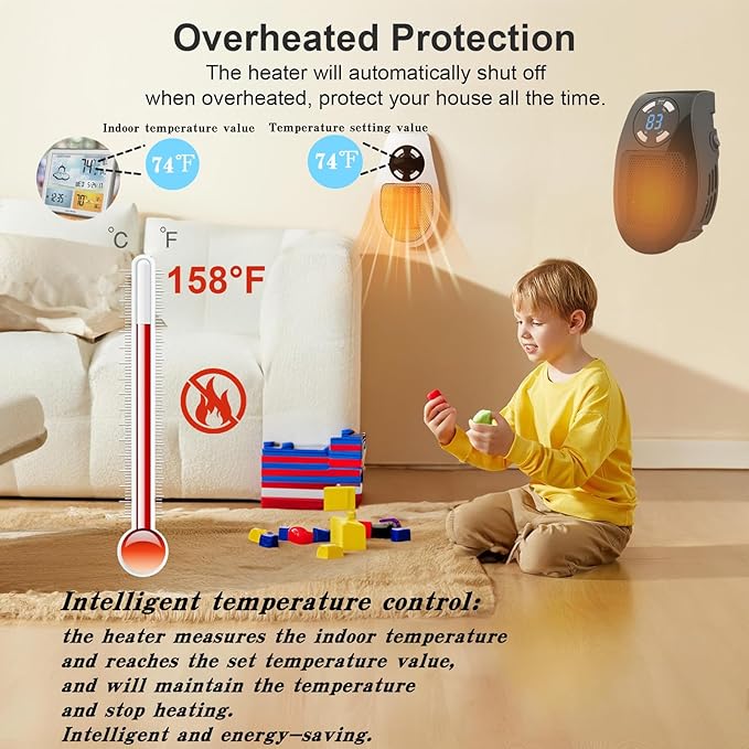 450W Mini Space Heater with Temperature Detection, Remote Wall Outlet, Adjustable Thermostat, Timer, and LED Display