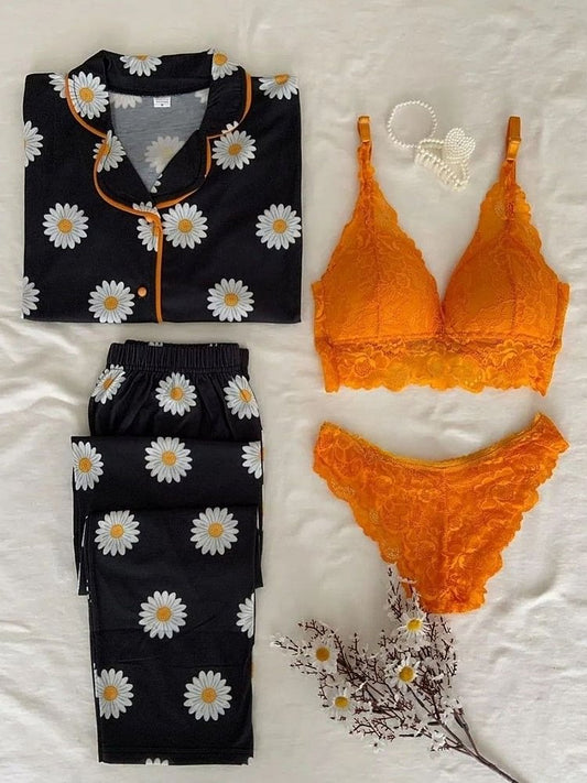 Black Night Suit & Bra Penty Set Combo for Women's