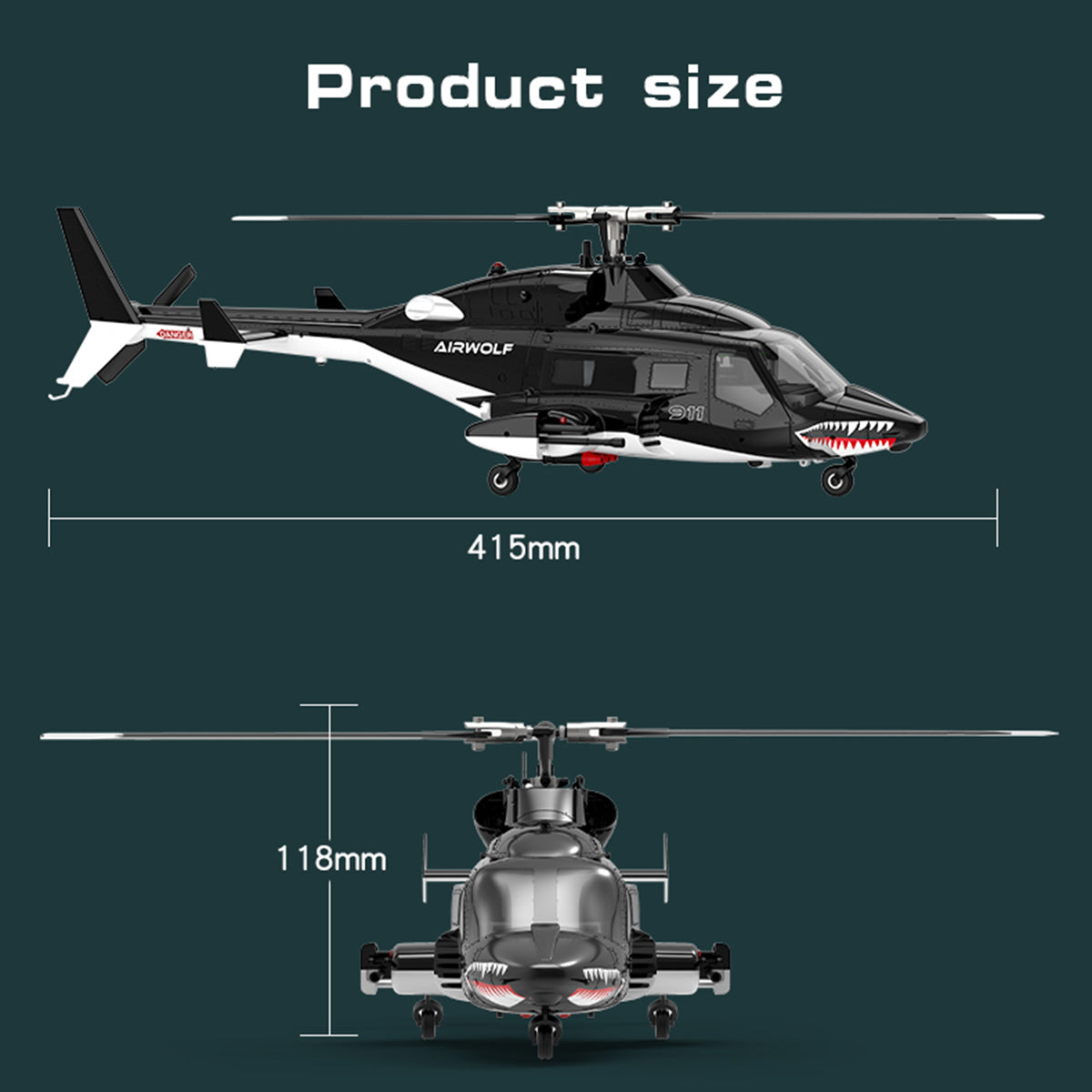 WOLFBUSH AW-911 Airwolf 1/34 Scale 2.4G 9CH Flybarless RC Helicopter Model with 6G/3D Stunt Mode and GPS Positioning (RTF Version/ Mode 1/Mode 2 Switchable)