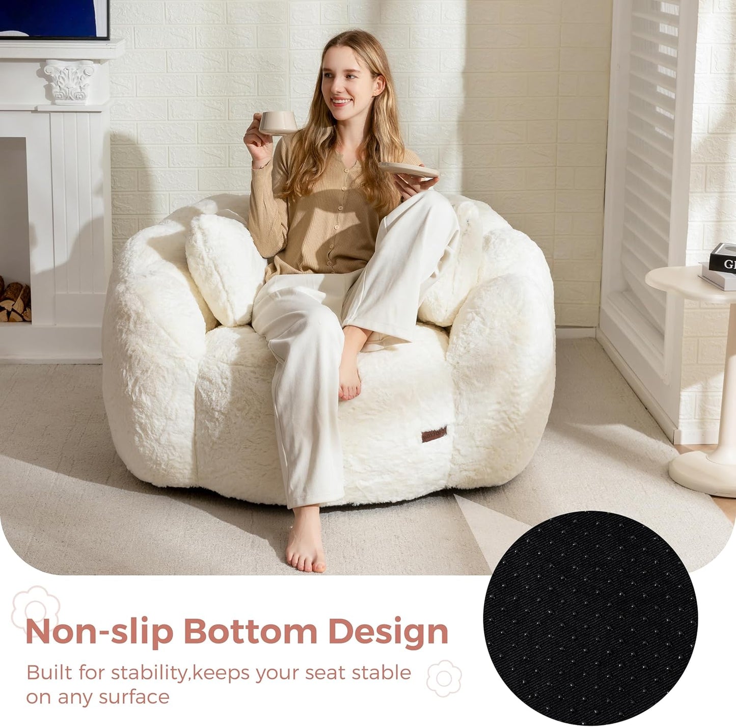 Oversized Plush Bean Bag Chair with Pillows, Cozy Faux Fur Floor Sofa for Adults, Comfy Lounge Seating for Bedroom and Living Room