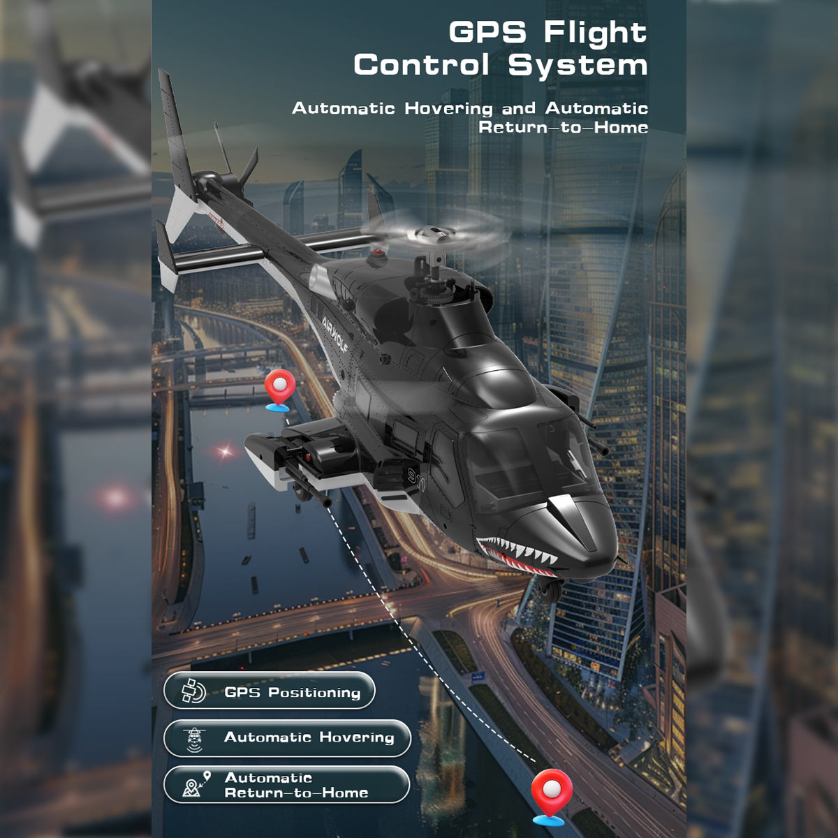 WOLFBUSH AW-911 Airwolf 1/34 Scale 2.4G 9CH Flybarless RC Helicopter Model with 6G/3D Stunt Mode and GPS Positioning (RTF Version/ Mode 1/Mode 2 Switchable)
