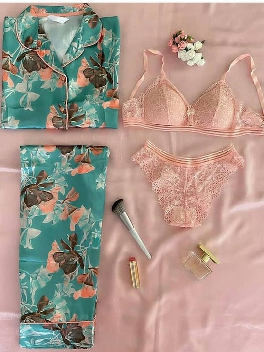 Floral Night Suit & Bra Penty Set Combo for Women's