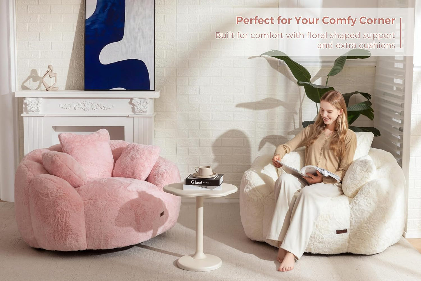Oversized Plush Bean Bag Chair with Pillows, Cozy Faux Fur Floor Sofa for Adults, Comfy Lounge Seating for Bedroom and Living Room