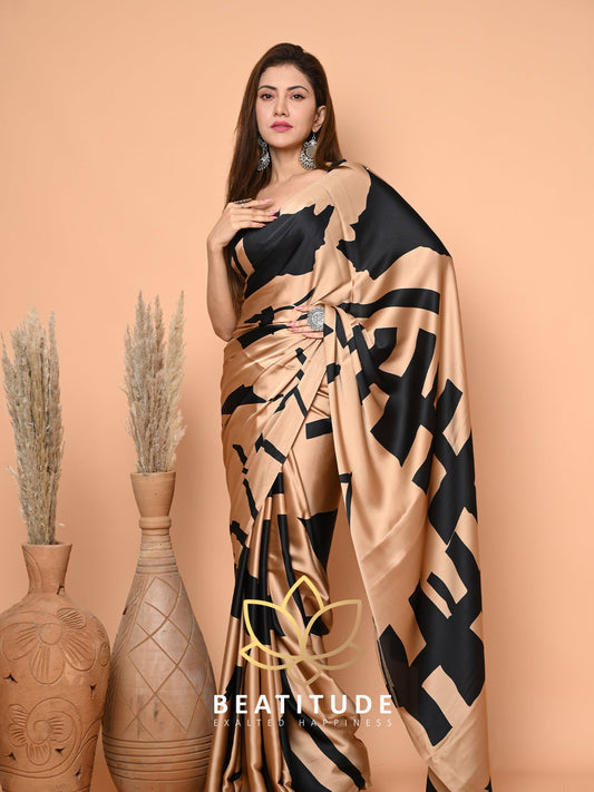 Brown Printed Satin Crepe Saree