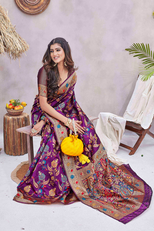 Floral Printed Woven Design Zari Pashmina Saree