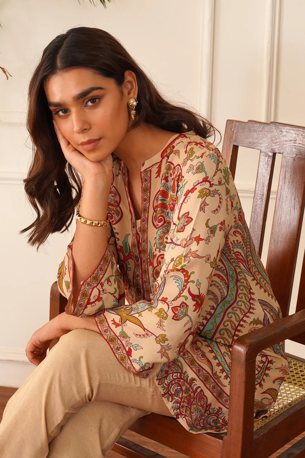 Beige Printed Crepe 2pc Set