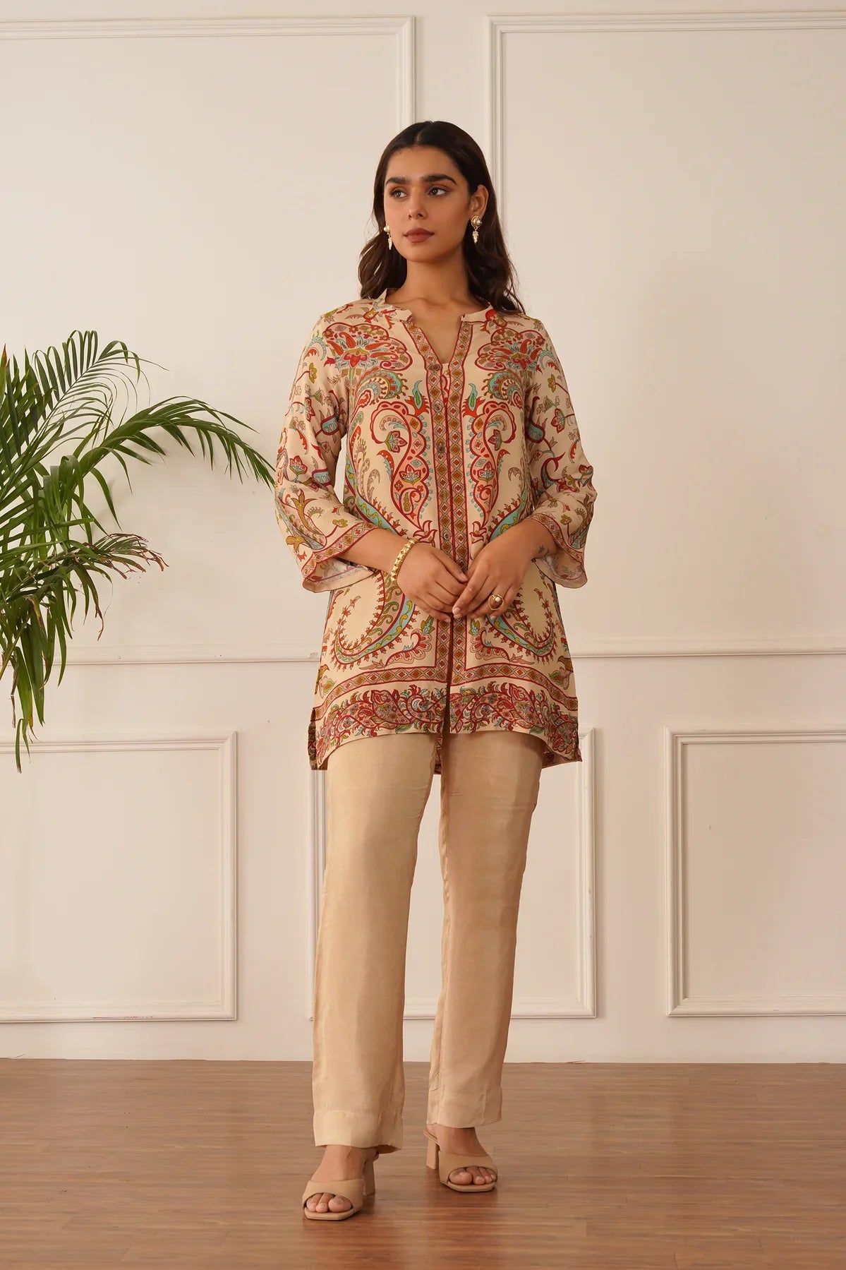 Beige Printed Crepe 2pc Set