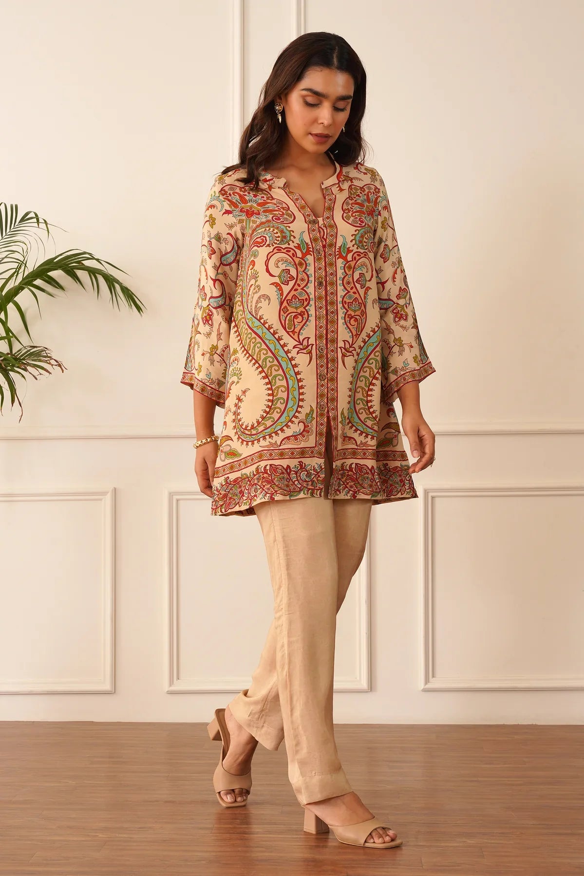 Beige Printed Crepe 2pc Set